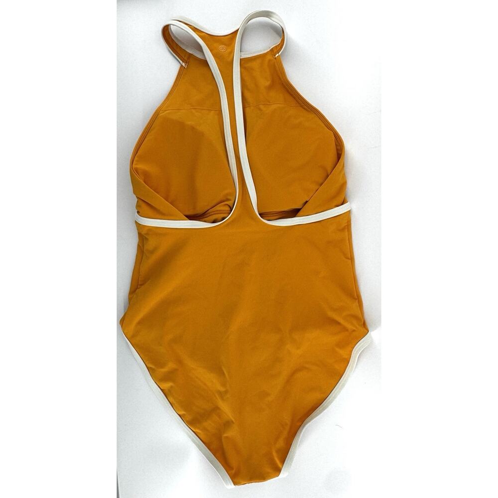 CALIA Women's 10 Halter Racerback 1/4 Zip One Piece Swimsuit Marigold Shine NWOT - Picture 2 of 8
